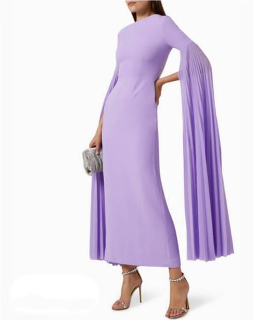 Vintage Long Sleeve Lilac EveningDresses With Slit Sheath Short Jewel Neck Zipper Back Ankle Length Ramadan Dress for Women