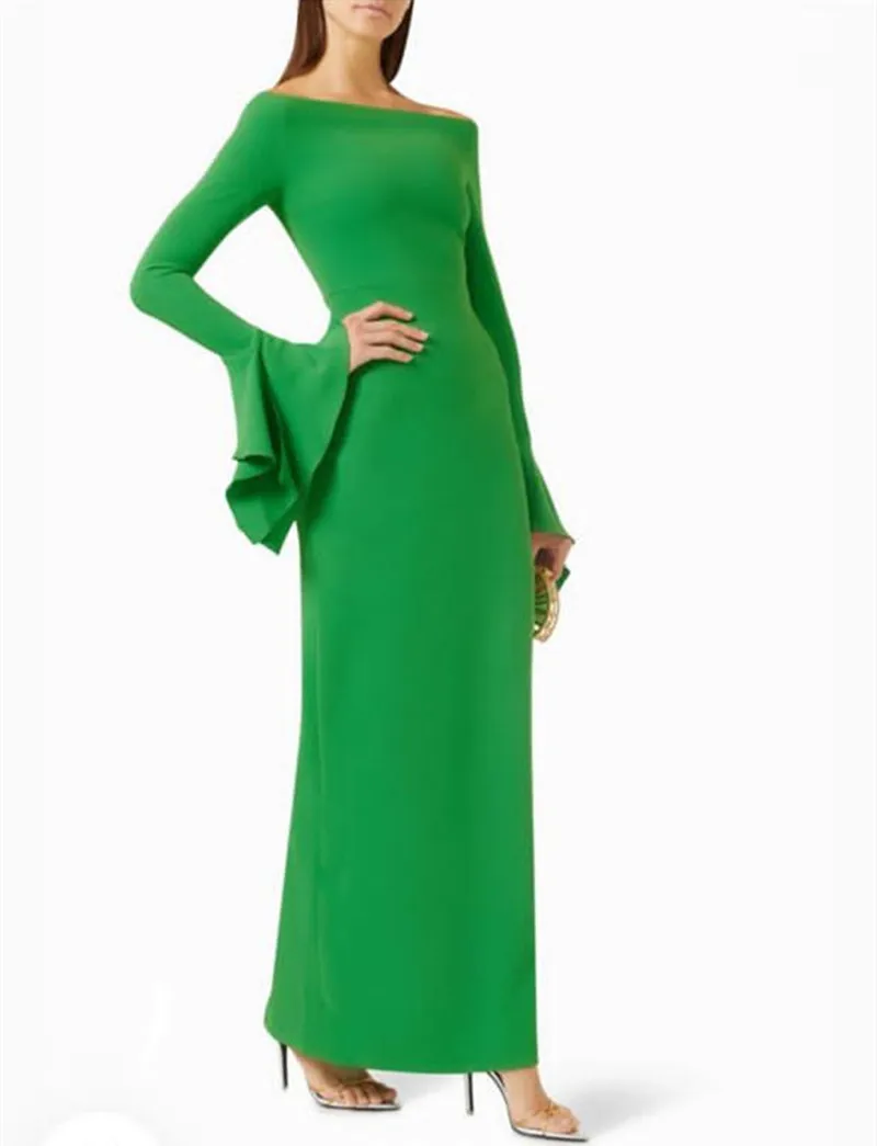 Classy Short Jewel Neck Green Evening Dresses Sheath Crepe Ankle Length Ruffled Long Sleeve Ramadan Dress