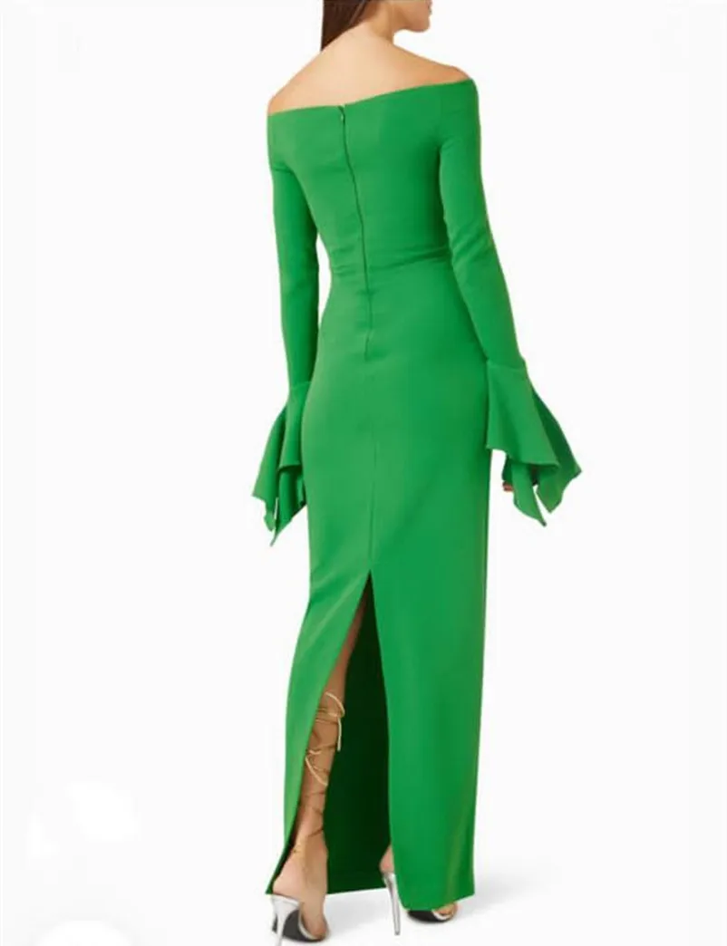 Classy Short Jewel Neck Green Evening Dresses Sheath Crepe Ankle Length Ruffled Long Sleeve Ramadan Dress