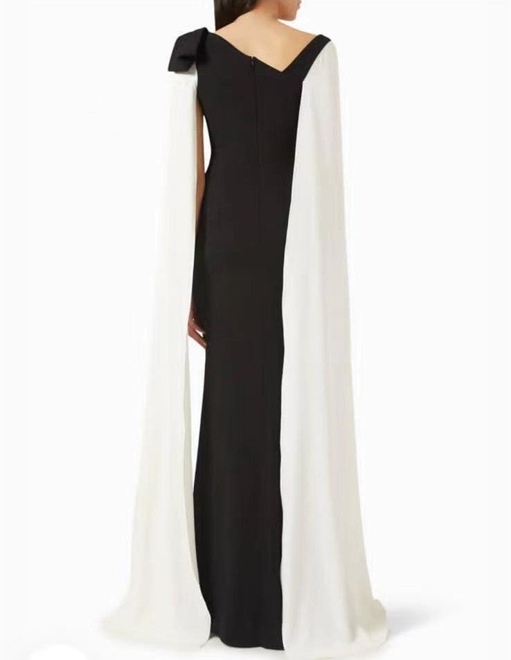 Classy Long Asymmetrical Neck Crepe Evening Dresses With Cape Sheath Floor Length فساتين سهرة Ramadan Dress for Women