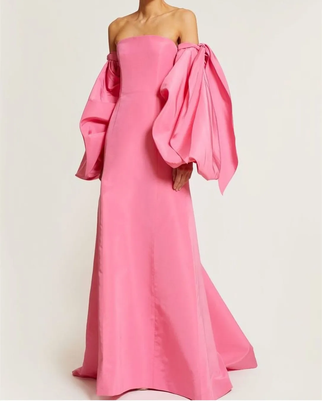 Elegant Long Sleeve Pink Taffeta Evening Dresses With Bow A-Line Red Watteau Train Ramadan Dress Wedding Guest Dress for Women