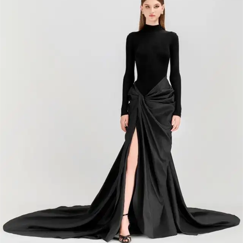 Elegant Long Spandex Black Evening Dresses With Split Mermaid Taffeta High Neck فساتين السهرة Court Train Prom Dress for Women