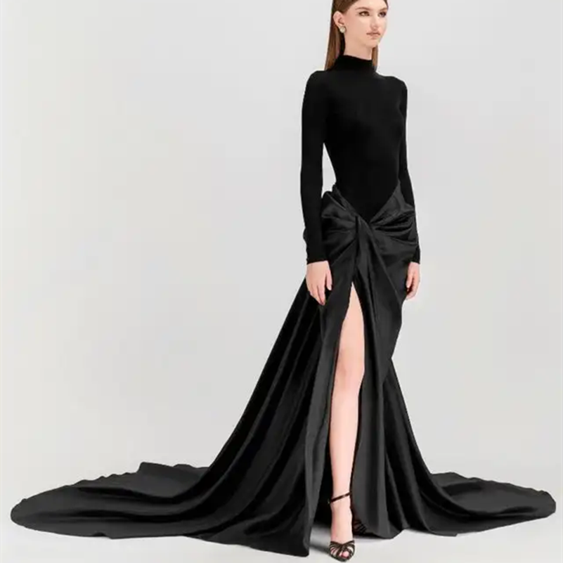 Elegant Long Spandex Black Evening Dresses With Split Mermaid Taffeta High Neck فساتين السهرة Court Train Prom Dress for Women