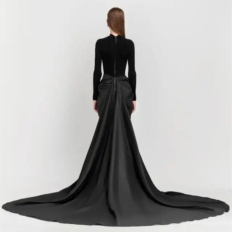 Elegant Long Spandex Black Evening Dresses With Split Mermaid Taffeta High Neck فساتين السهرة Court Train Prom Dress for Women