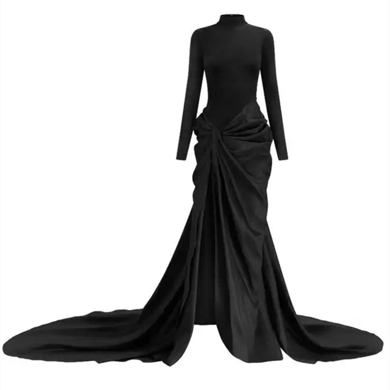 Elegant Long Spandex Black Evening Dresses With Split Mermaid Taffeta High Neck فساتين السهرة Court Train Prom Dress for Women