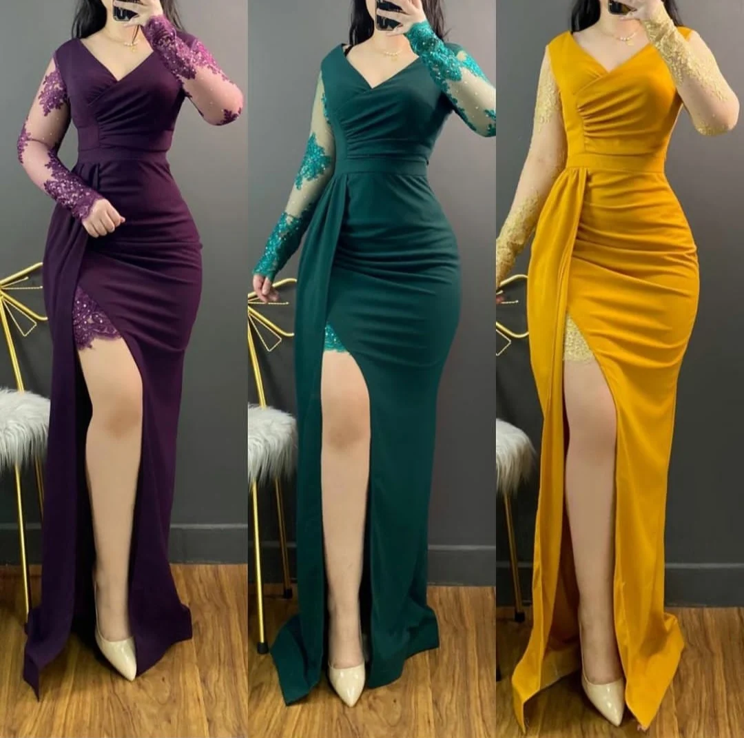 Elegant Mermaid Lace Evening Dresses with Slit Long Sleeve Watteau Train Zipper Back Crepe Abendkleider Robes De Soirée for Women