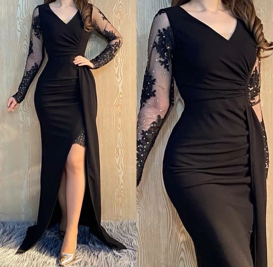 Elegant Mermaid Lace Evening Dresses with Slit Long Sleeve Watteau Train Zipper Back Crepe Abendkleider Robes De Soirée for Women