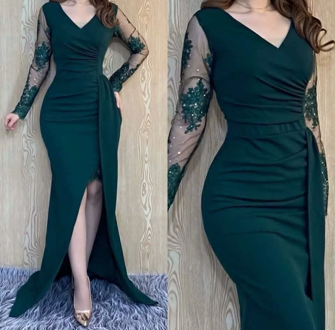 Elegant Mermaid Lace Evening Dresses with Slit Long Sleeve Watteau Train Zipper Back Crepe Abendkleider Robes De Soirée for Women