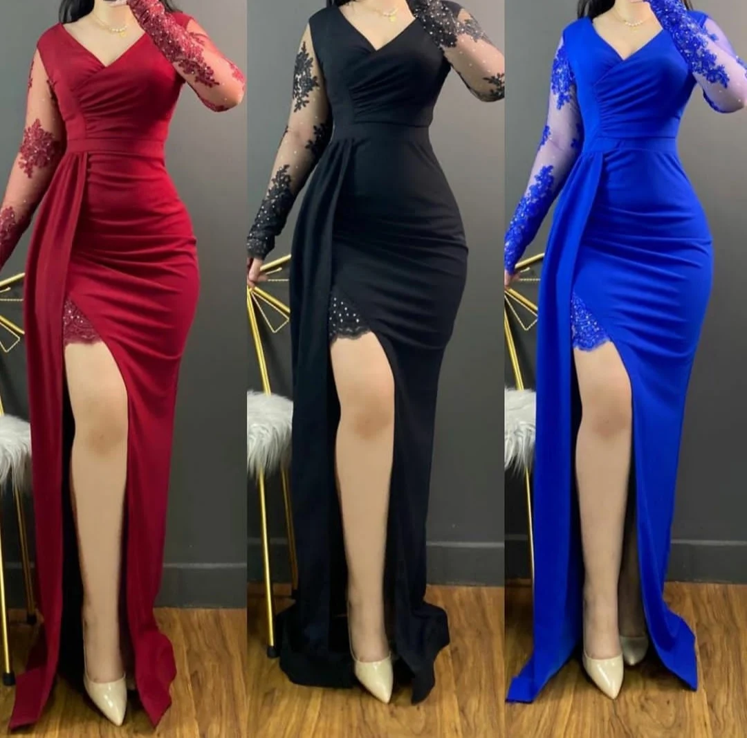 Elegant Mermaid Lace Evening Dresses with Slit Long Sleeve Watteau Train Zipper Back Crepe Abendkleider Robes De Soirée for Women