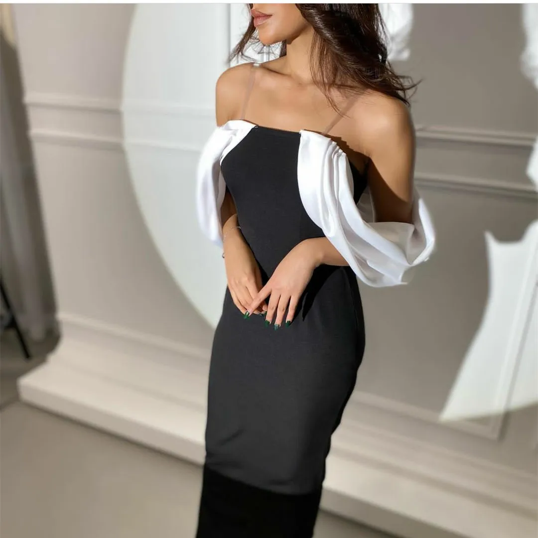 Short Black&White Crepe Evening Dresses Sheath فساتين سهرة Spaghetti Straps Ankle Length Formal Party Dress robes de soirée for Women