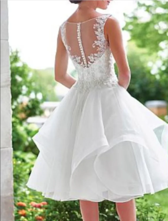 Elegant Short V-Neck Lace Wedding Dresses A-Line Ruched Organza Bridal Gowns Illusion Covered Buttons Back Ruffled Knee Length Vestido de novia for Women