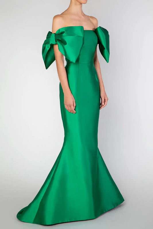 Vintage Long Strapless Satin Prom Dresses with Bow Mermaid Green فساتين سهرة Sweep Train Party Dress for Women