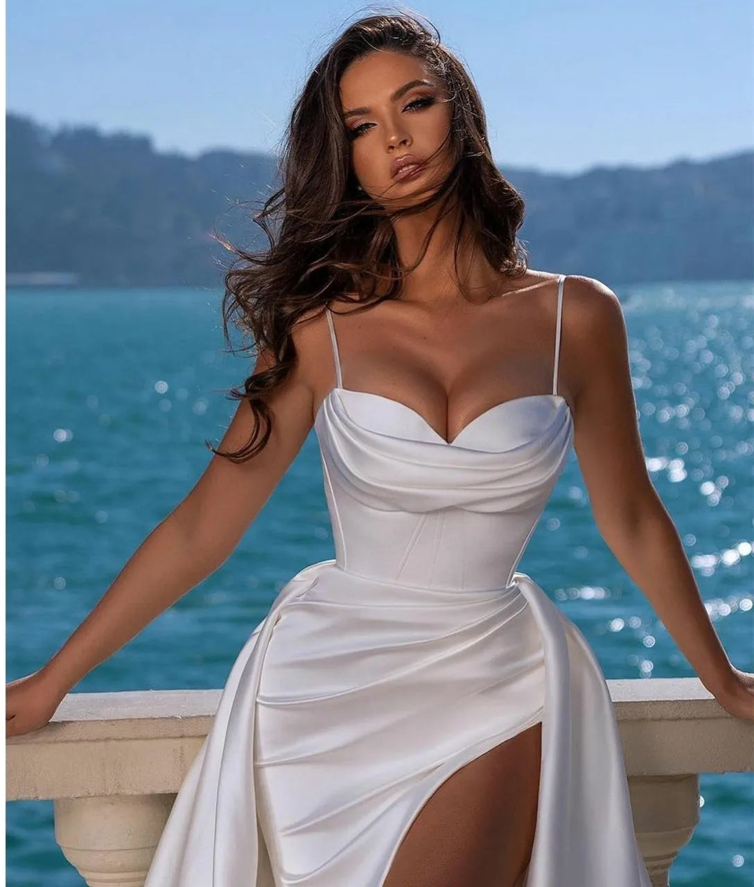 Sexy Long Satin Ivory Spaghetti Wedding Dresses With Slit Mermaid V-Neck Pleated Sweep Train Bridal Gowns for Women