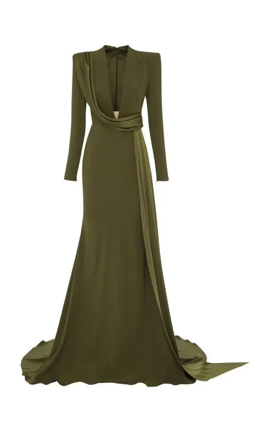 Elegant Long Green V-Neck Crepe Evening Dresses Mermaid Sweep Train Zipper Back Vestidos de Noche Prom Gowns for Women