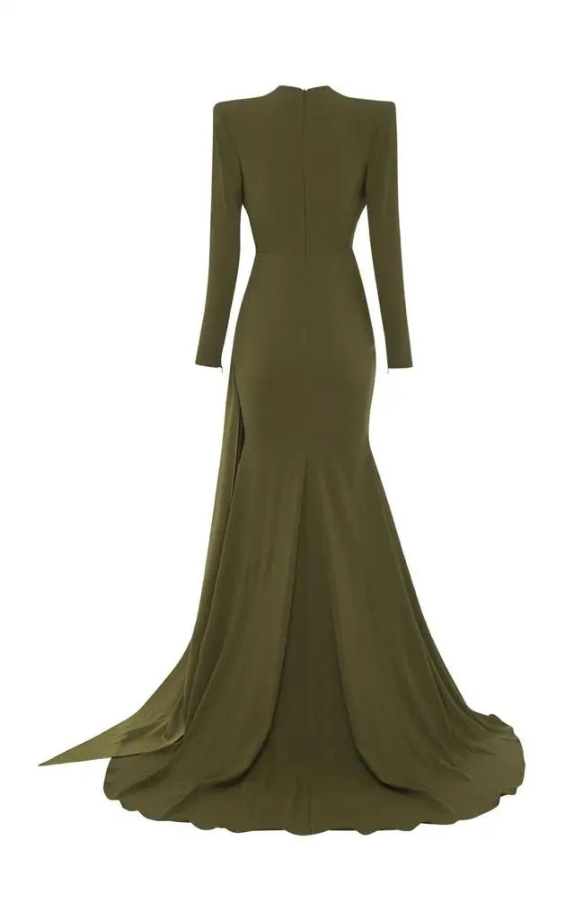 Elegant Long Green V-Neck Crepe Evening Dresses Mermaid Sweep Train Zipper Back Vestidos de Noche Prom Gowns for Women