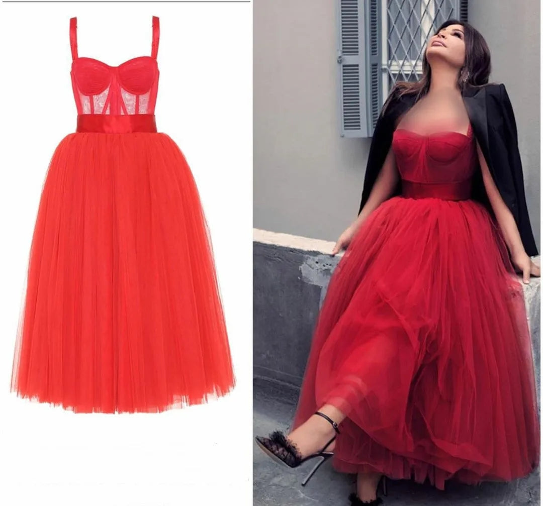 Vintage Short Red Tulle Evening Dresses A-Line Sweetheart Tea Length فساتين سهرة Ramadan Dress for Women