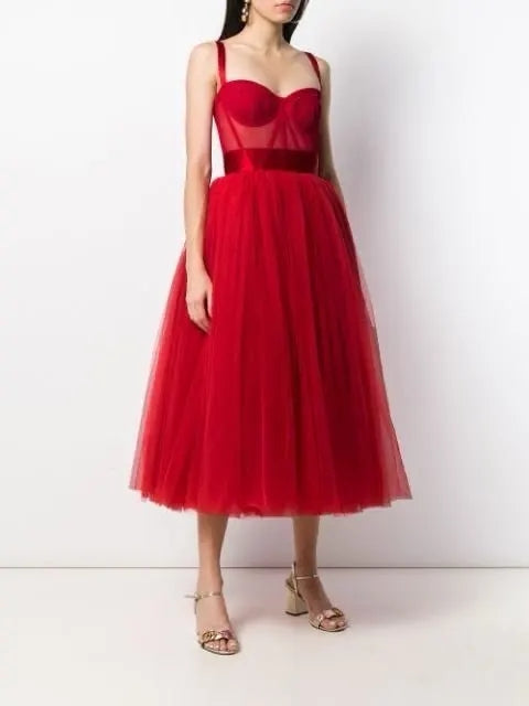 Vintage Short Red Tulle Evening Dresses A-Line Sweetheart Tea Length فساتين سهرة Ramadan Dress for Women