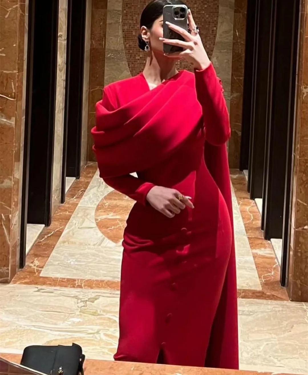 Elegant Long Sleeve Red Evening Dresses Crepe Slit Buttons Back فساتين سهرة Ramadan Dresses Vestidos De Gala Prom Dress for Women