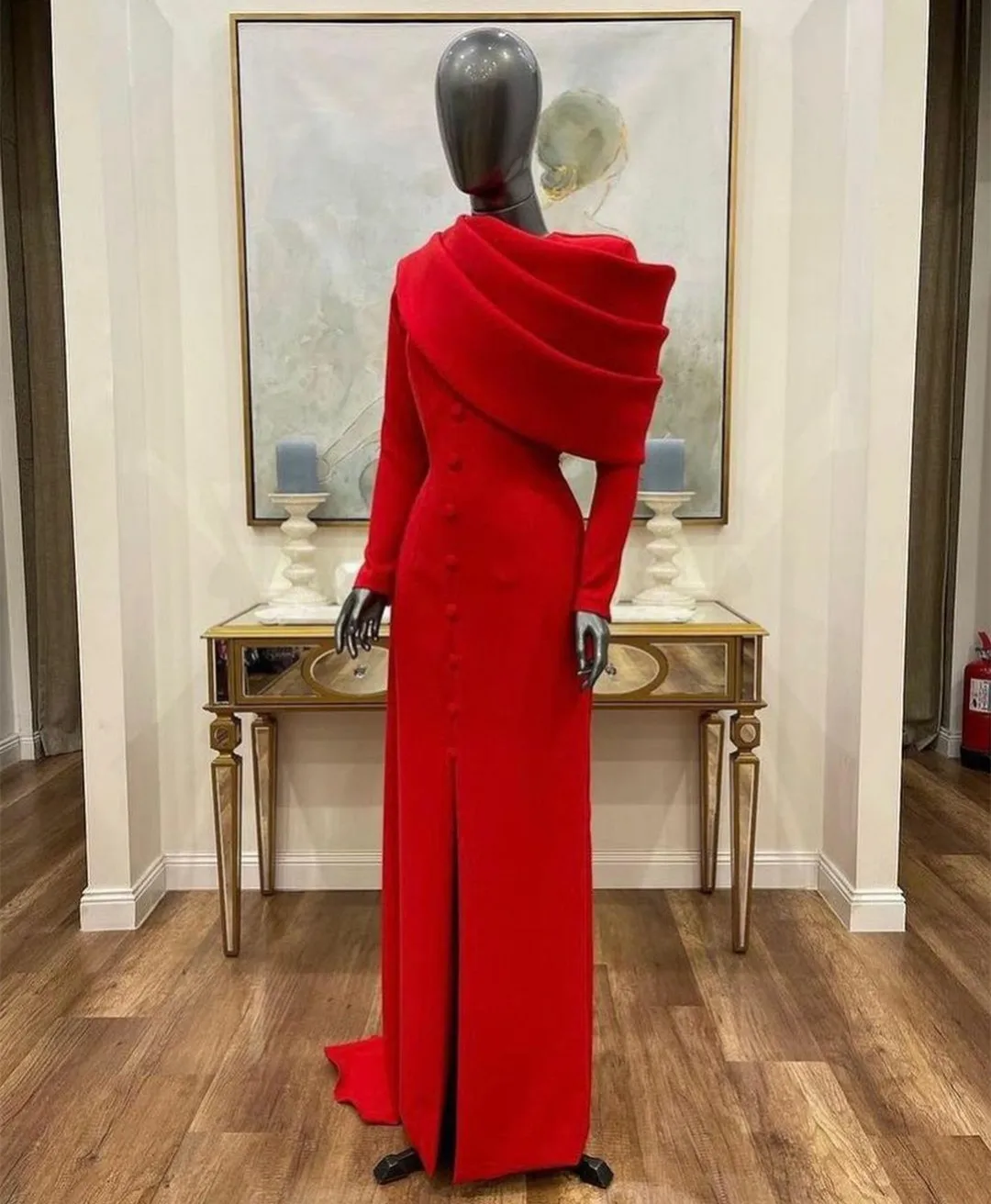 Elegant Long Sleeve Red Evening Dresses Crepe Slit Buttons Back فساتين سهرة Ramadan Dresses Vestidos De Gala Prom Dress for Women