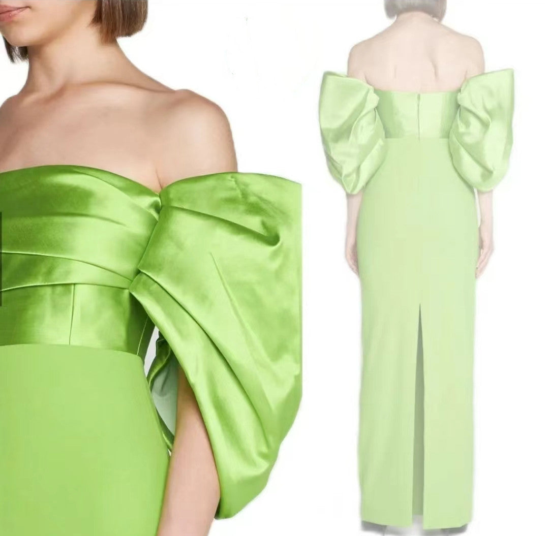 Long Green Crepe Evening Dresses with Slit Sheath Off Shoulder Pleated Floor Length فساتين السهرة Ramadan Eid Dresses