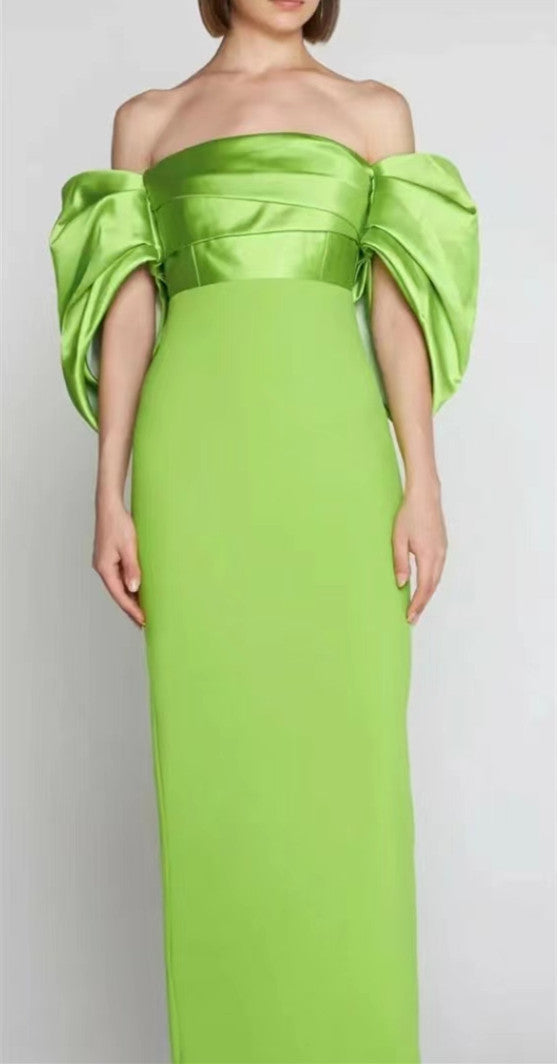 Long Green Crepe Evening Dresses with Slit Sheath Off Shoulder Pleated Floor Length فساتين السهرة Ramadan Eid Dresses