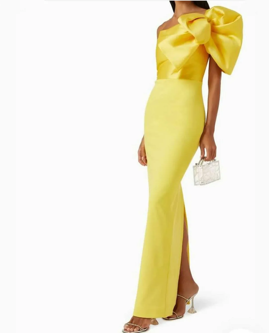 Long Crepe Yellow Evening Dresses with Bow Sheath One Shoulder Ankle Length فساتين سهرة Muslim Robes de Soirée for Women