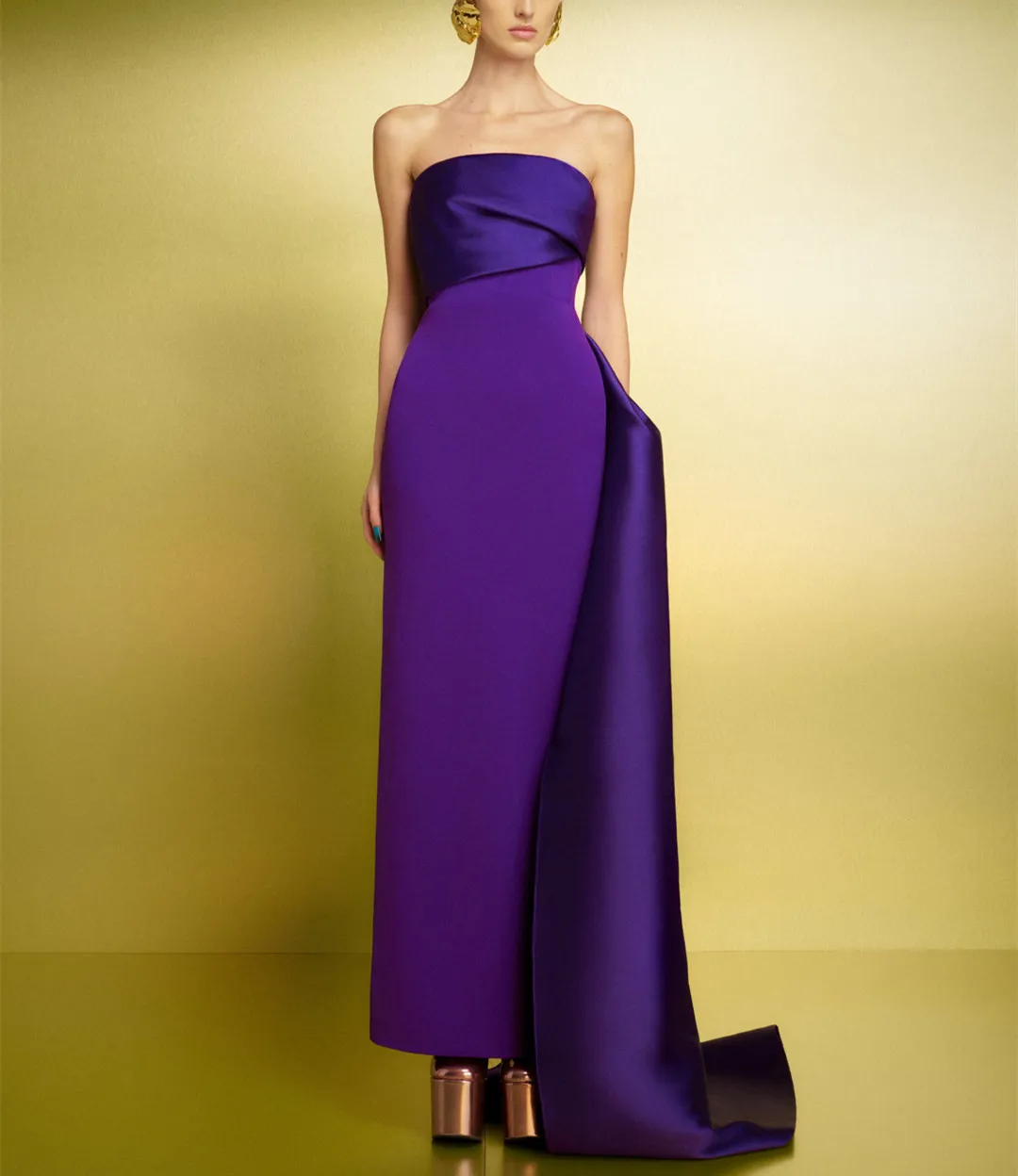 Long Strapless Satin Evening Dresses with Slit Sheath Purple Crepe Ankle Length Prom Dress فساتين السهرة for Women