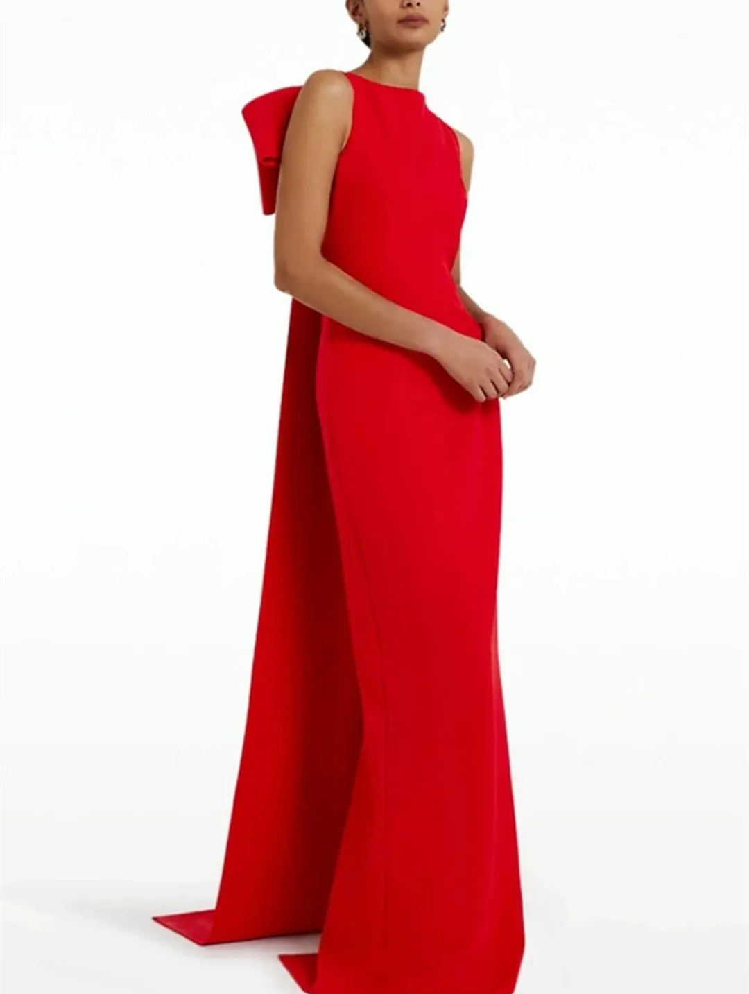 Long Red Crepe Evening Dresses with Bow Sheath Jewel Neck Floor Length فساتين السهرة Prom Dresses for Women