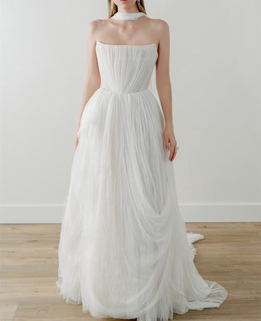 Elegant Long Tulle Wedding Dresses With Ribbon A-Line Strapless Pleated Bridal Gowns for Women