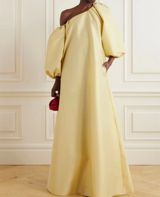 Customized Long Taffeta Evening Dresses with Pockets A-Line Slanted Shoulder Floor Length Prom Dress for Women