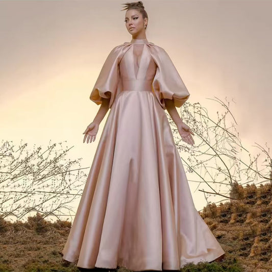 Customized Long Satin Halter Evening Dresses with Pockets A-Line Pink Pleated Watteau Train Party Dress for Women