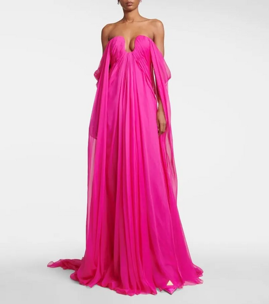 Sexy Long Pink Chiffon Evening Dresses A-Line Off Shoulder Pleated فساتين السهرة Prom Dress for Women