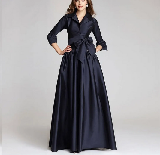 Customized Long Navy Blue Evening Dresses with Bow/Pockets A-Line Taffeta V-Neck Floor Length Wedding Guest Dresses for Women
