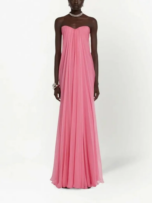 Customized Long Pink Chiffon Evening Dresses A-Line Strapless Pleated Zipper Back Floor Length Prom Dress Abendkleid for Women