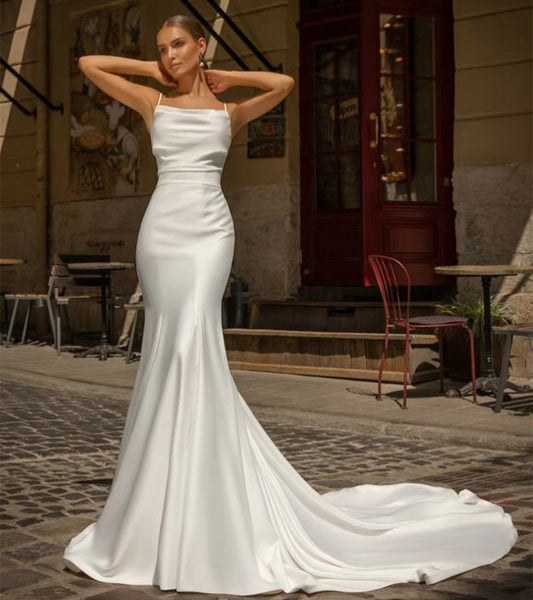 Elegant Long Satin Straight Neck Wedding Dresses Mermaid Spaghetti Straps Pleated Open Back Sweep Train Bridal Gowns for Women