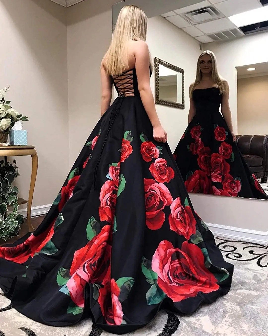 Elegant Long Strapless Floral Prom Dresses With Pockets A-Line Satin Lace Up Back Sweep Train Evening Dress for Women