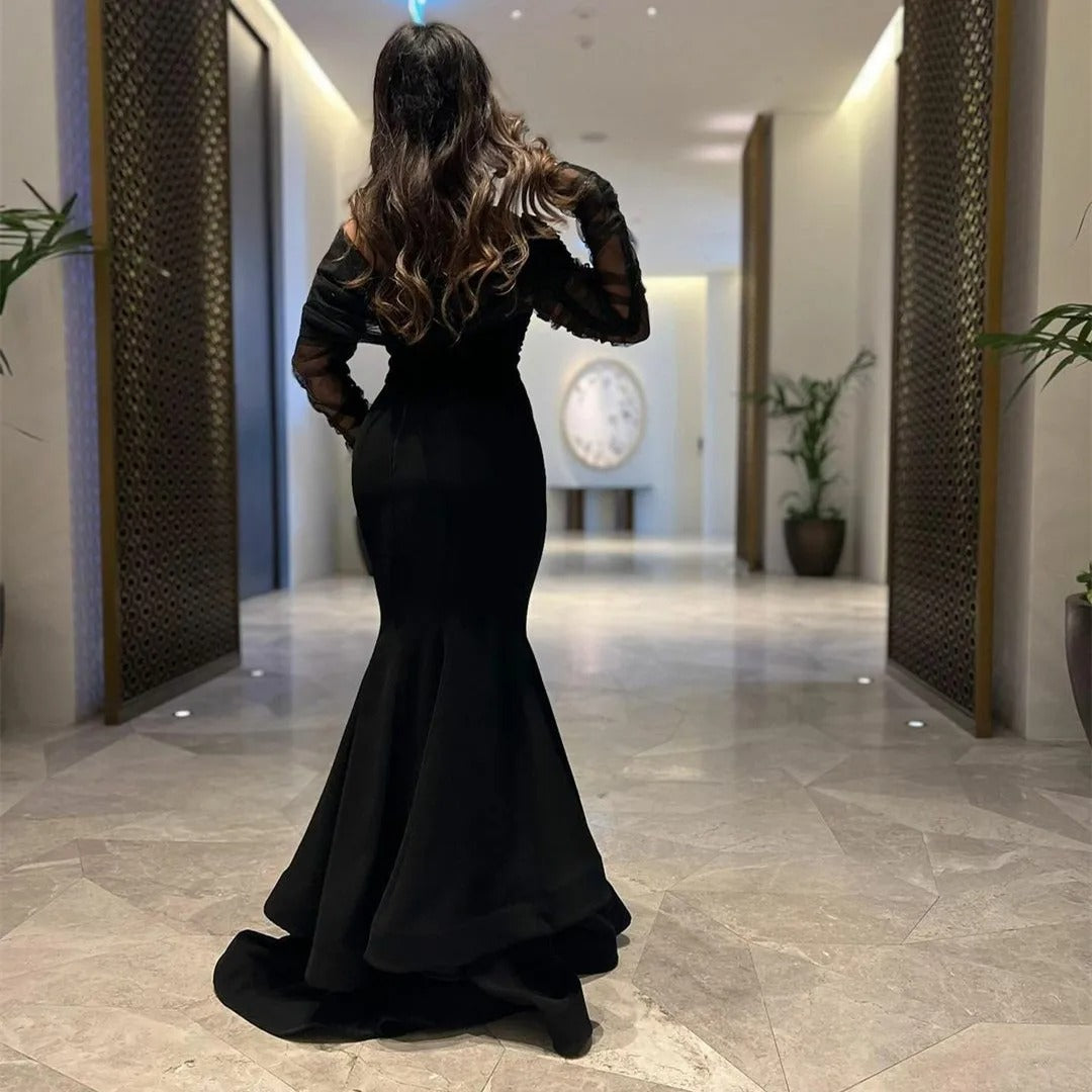 Elegant Long Sleeve Black Tulle Evening Dresses Mermaid Boat Neck Sweep Train Crepe Ramadan Dresses for Women