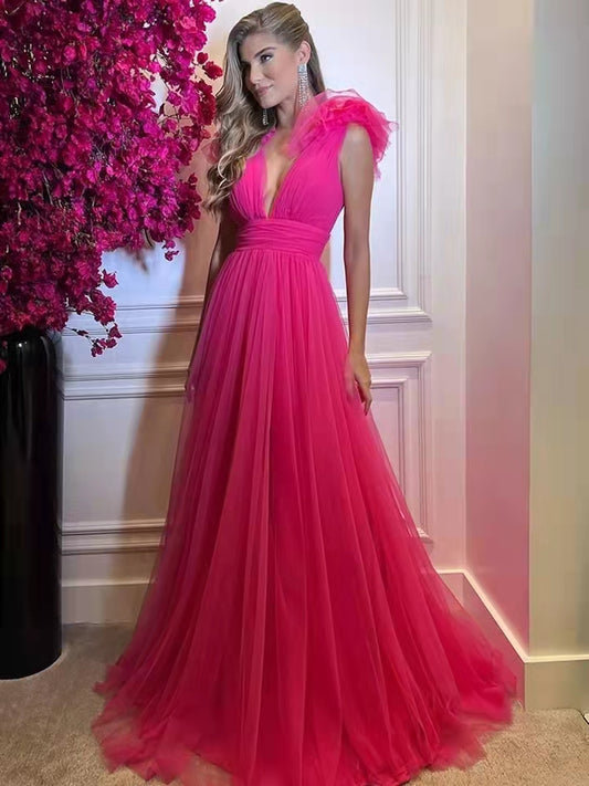 Elegant Long Pink Tulle V-Neck Prom Dresses A-Line Pleated Green Evening Dresses for Women