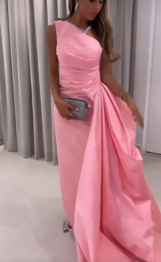 Long One Shoulder Taffeta Evening Dresses Sheath Pink Pleated Prom Dress فساتين السهرة for Wome