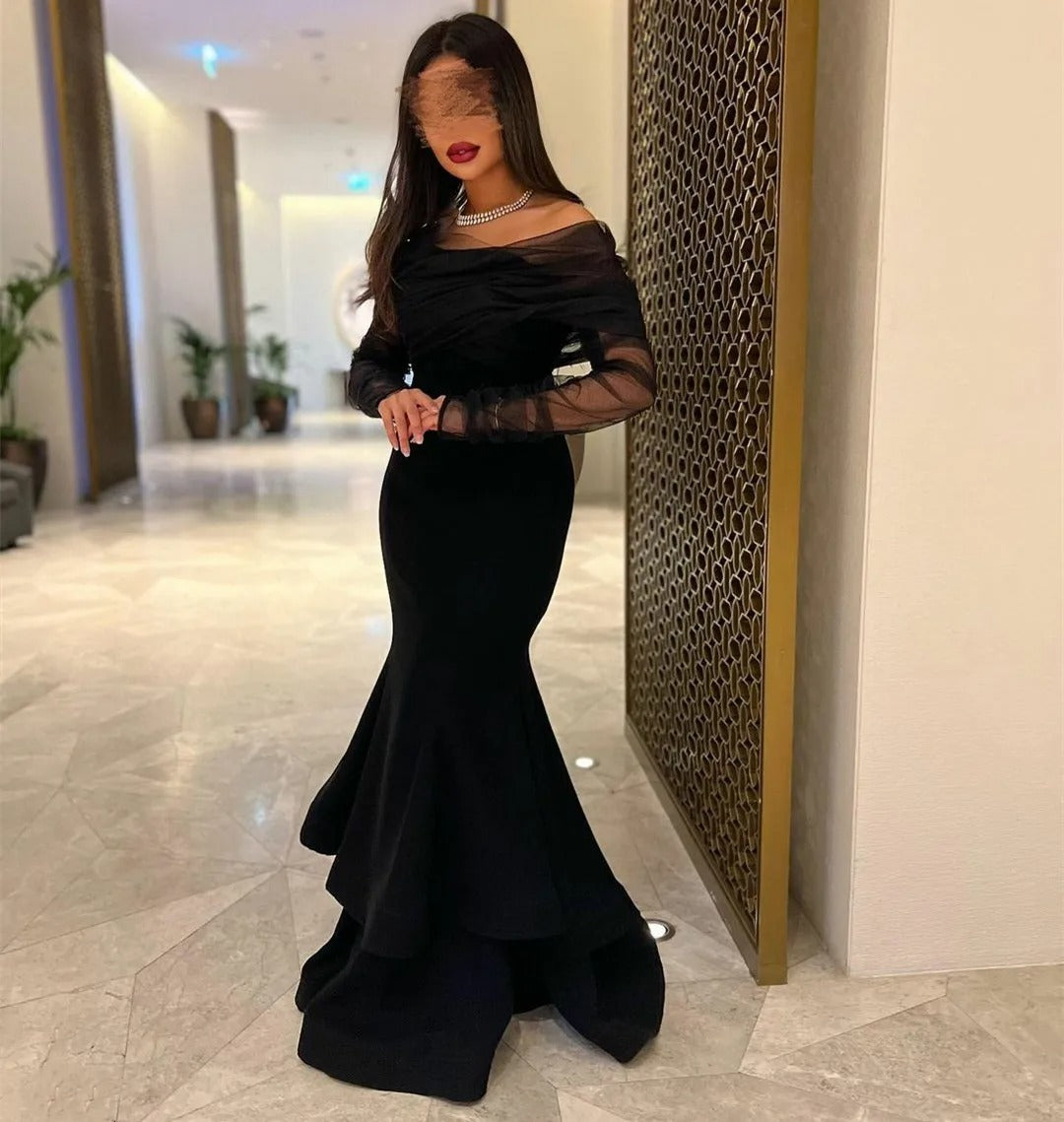 Elegant Long Sleeve Black Tulle Evening Dresses Mermaid Boat Neck Sweep Train Crepe Ramadan Dresses for Women