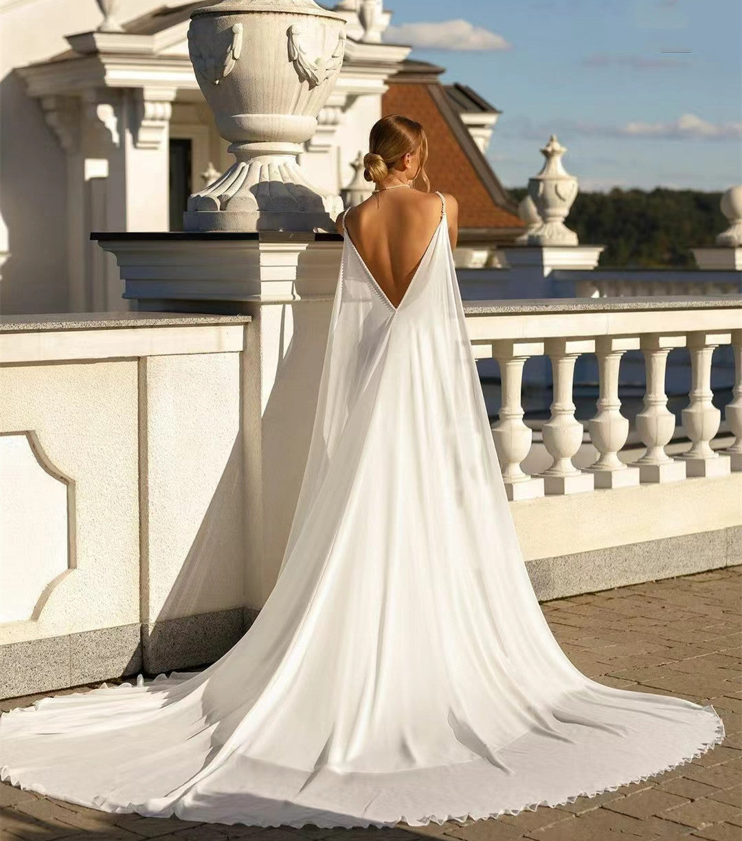 Elegant Long Crepe V-Neck Beaded Wedding Dresses With Cape Mermaid Ivory Sweep Train Bridal Gowns for Women