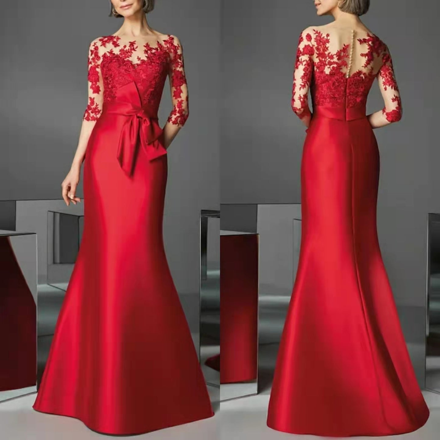 Elegant Long Red Lace Mother of the Bride Dresses With Bow Mermaid 3/4 Sleeve Floor Length See Through Back Mother of Groom Dresses