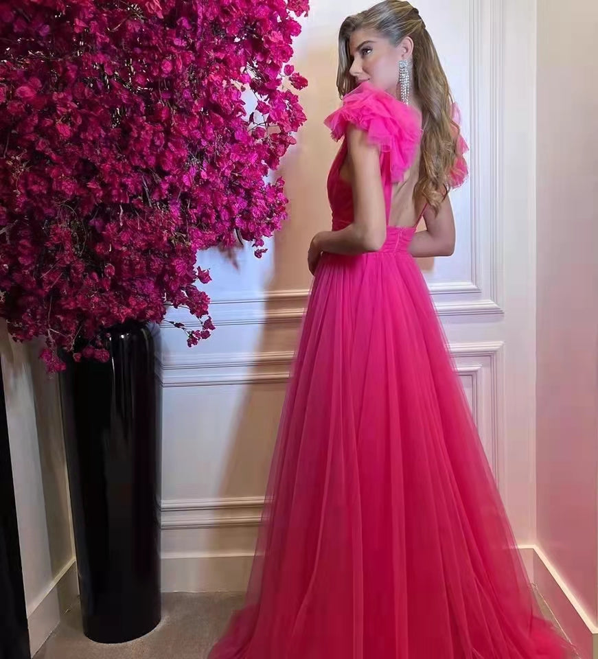 Elegant Long Pink Tulle V-Neck Prom Dresses A-Line Pleated Green Evening Dresses for Women