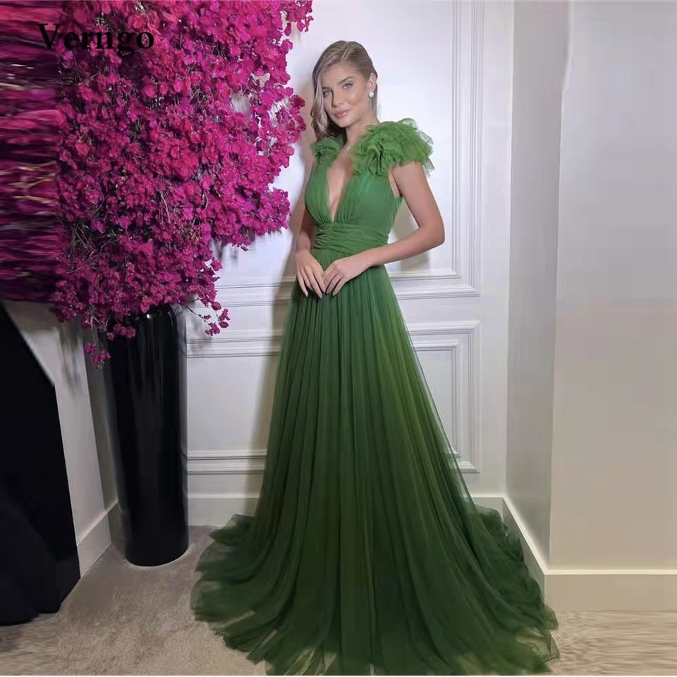 Elegant Long Pink Tulle V-Neck Prom Dresses A-Line Pleated Green Evening Dresses for Women