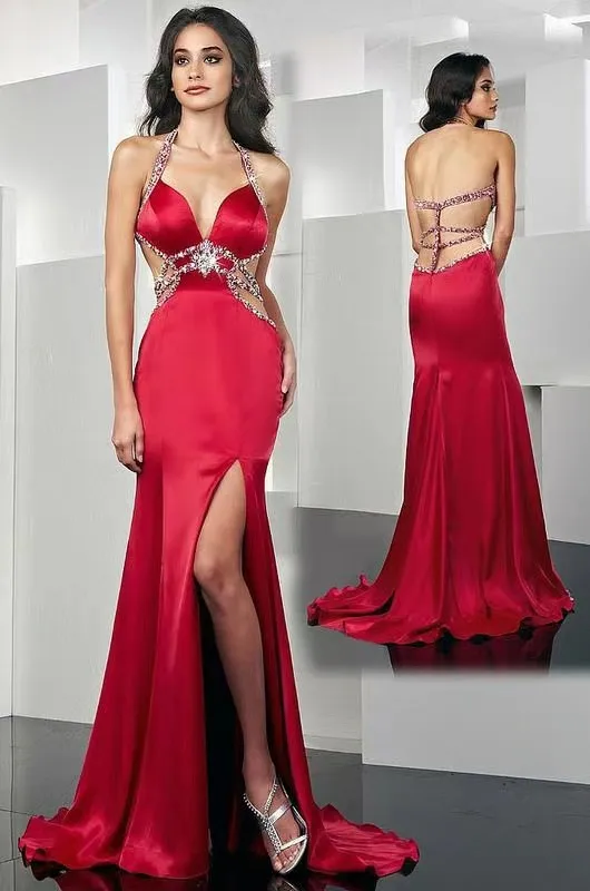 Long Red Beaded Satin Prom Dresses Mermaid V-Neck Sexy Back Party Dresses for Women