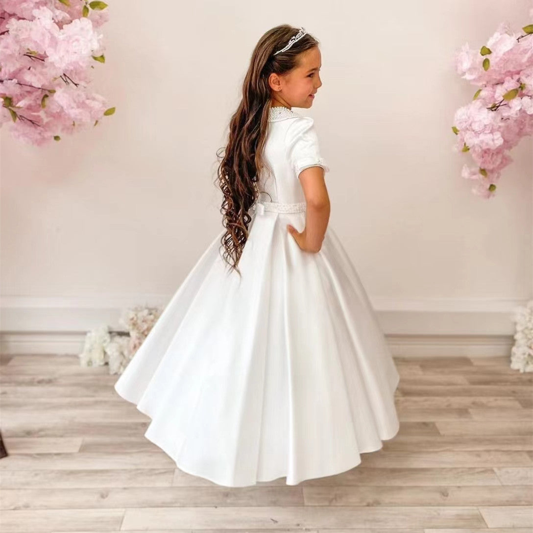 Elegant Short Sleeve O-Neck Satin Flower Girls Dresses With Sash A-Line Ankle Length Party Dress With Pocketsfor Kids