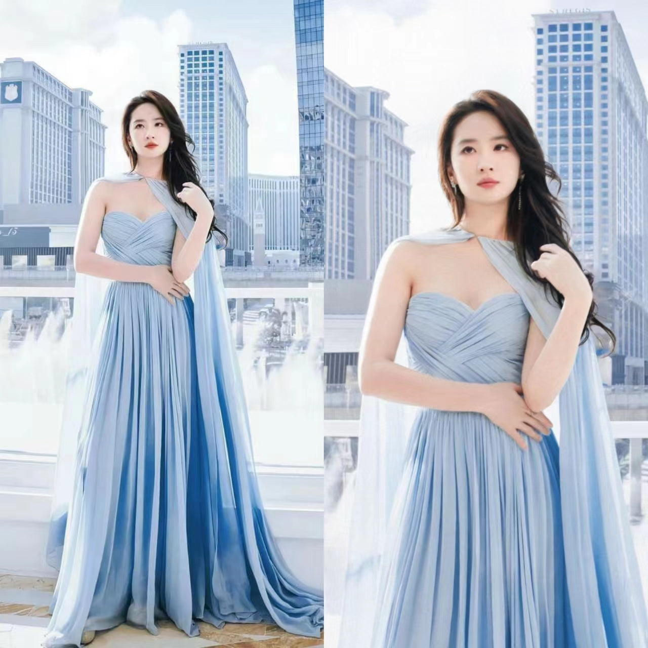 Elegant Long Chiffon Light Blue Celebrity Dresses With Wrap A-Line Sweetheart Pleated Floor Length Evening Dresses for Women