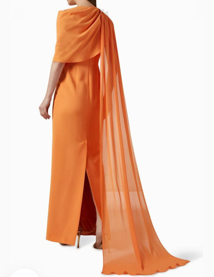 Long One Shoulder Orange Evening Dresses with Crystals Sheath Pleats Ankle Length فساتين السهرة Prom Dresses for Women