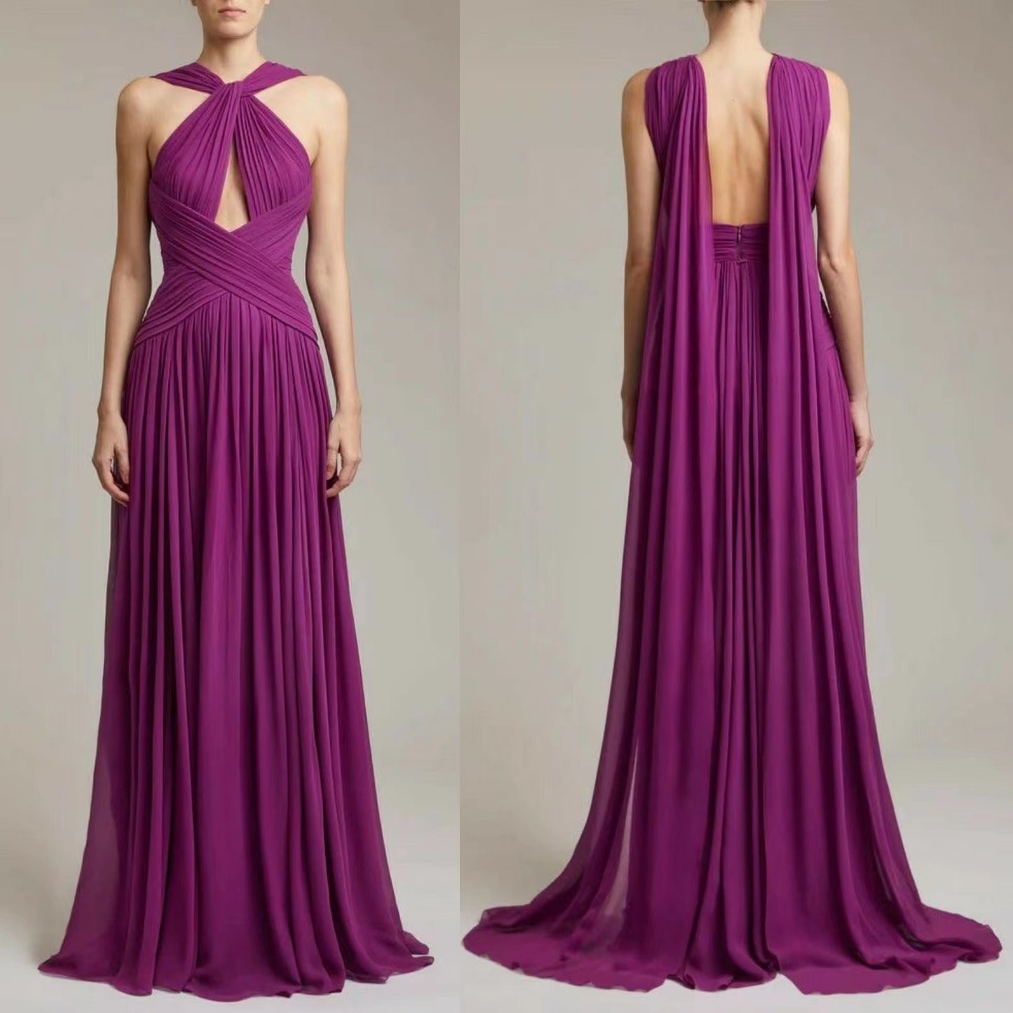 Vintage Long Chiffon Purple Pleated Evening Dresses with Ribbon A-Line Halter Floor Length فساتين سهرة Muslim Celebrity Dress for Women