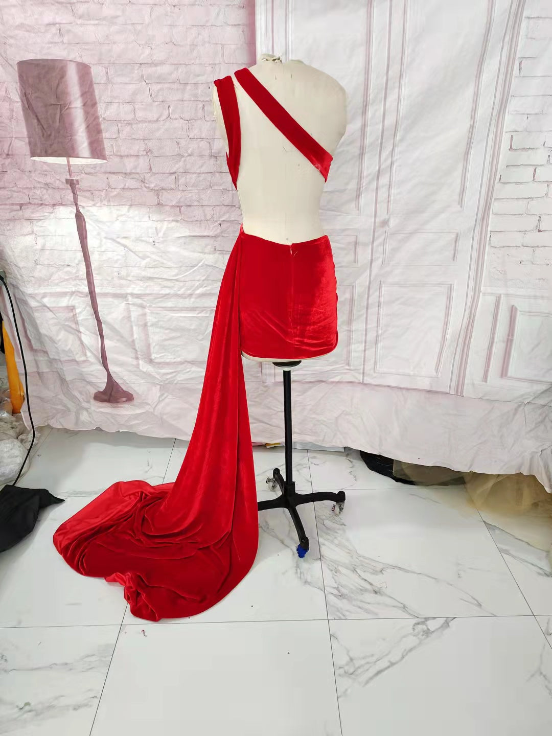 Sexy Short Red Velvet Birthday Dresses Sheath One Shoulder Mini Length Evening Dress for Women